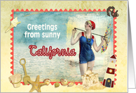 greetings from California, vintage bathing beauty, beach, shells card