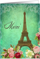 merci, thank you in French, Eiffel tower Paris, vintage look card