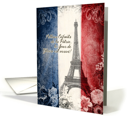 bon 14 Juillet, la tour Eiffel, la Marseillaise, fleurs, vintage card