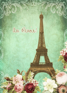 au revoir, good bye in French, Eiffel tower, roses, vintage look