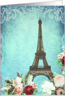 Eiffel tower, Paris, France, blank note card, roses, vintage look card