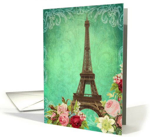 Eiffel tower, Paris, France, blank note card, roses, vintage look card