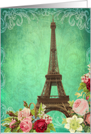 Eiffel tower, Paris, France, blank note card, roses, vintage look card