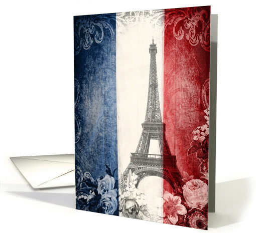 Eiffel tower, Paris, France, blank note card, roses, vintage look card