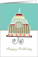 happy birthday, 108 years old, layered cake, candle, cherries card