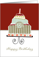 happy birthday, 108 years old, layered cake, candle, cherries card