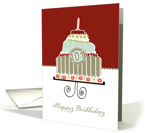 happy birthday, 101 years old, layered cake, candle, cherries card