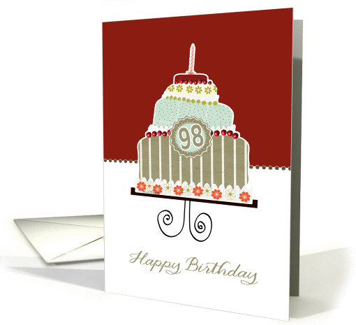 happy birthday, 98 years old, layered cake, candle, cherries card