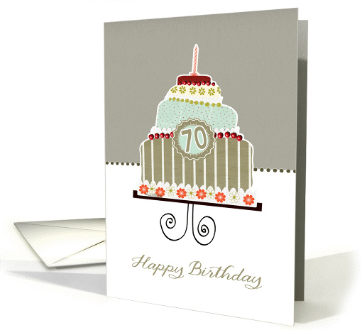 happy 70th birthday, layered cake, candle, cherries, flowers card