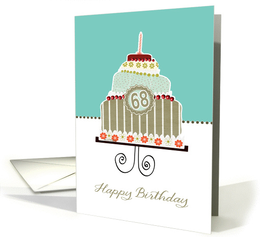 happy 68th birthday, layered cake, candle, cherries, flowers card