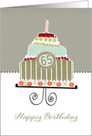 happy 65th birthday, layered cake, candle, cherries, flowers card