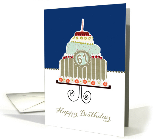 happy 61st birthday, layered cake, candle, cherries, flowers card