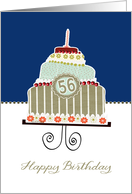 happy 56th birthday, layered cake, candle, cherries, flowers card