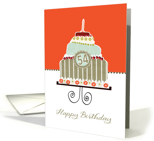 happy 54th birthday, layered cake, candle, cherries, flowers card