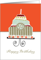 happy 50th birthday, layered cake, candle, cherries, flowers card