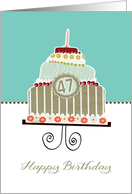 happy 47th birthday, layered cake, candle, cherries, flowers card