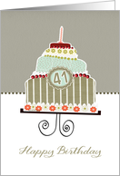 happy 41st birthday, layered cake, candle, cherries, flowers card