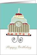 happy 39th birthday, layered cake, candle, cherries, flowers card