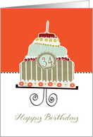 happy 34th birthday, layered cake, candle, cherries, flowers card