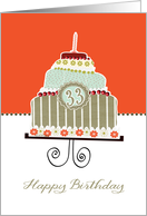 happy 33rd birthday, layered cake, candle, cherries, flowers card