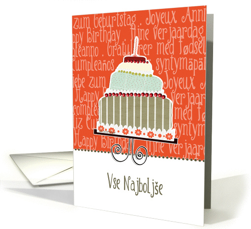 Vse Najbolje , happy birthday in Slovenian, cake & candle card