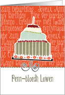 Penn-bloedh Lowen, happy birthday in Cornish, cake & candle card