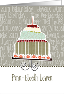 Penn-bloedh Lowen, happy birthday in Cornish, cake & candle card