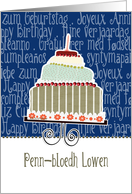 Penn-bloedh Lowen, happy birthday in Cornish, cake & candle card