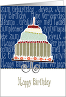 international happy birthday in different languages, cake & candle card