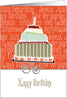 international happy birthday in different languages, cake & candle card