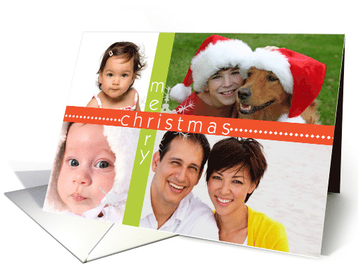 merry christmas, photo card, snowflake & red & green border card