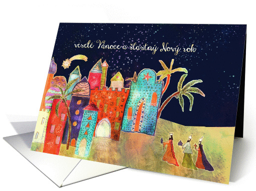 Merry Christmas in Czech, three wise men bringing gifts card (949605)