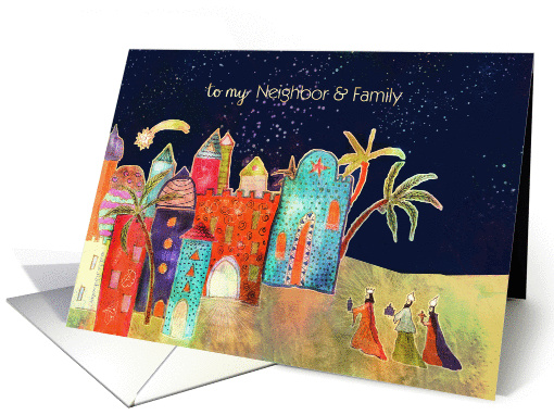 Merry Christmas to my neighbor & family, nativity, oriental town card