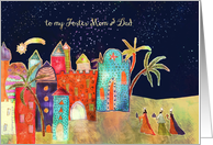 Merry Christmas to my foster mom & dad, nativity, oriental town card