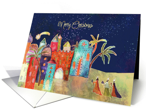 Merry Christmas, three wise men, oriental town, Luke 2:10 card