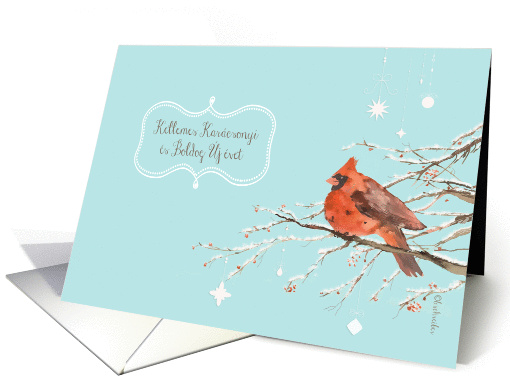 Merry Christmas in Hungarian, red cardinal bird, watercolor card