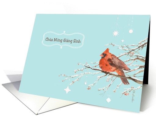 Merry Christmas in Vietnamese, red cardinal bird, watercolor card