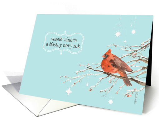 Merry Christmas in Czech, red cardinal bird, watercolor card (952447)