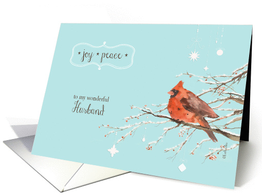 Merry Christmas to my husband card, red cardinal, watercolor card