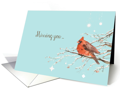 missing you at Christmas, red cardinal, watercolor painting card