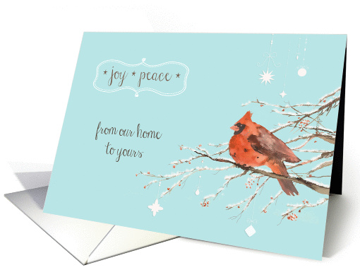 Merry Christmas from our home to yours, red cardinal, watercolor card