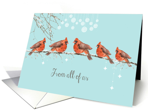 Merry Christmas from all of us, red cardinals, watercolor card