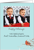 Customizable Christmas photo card, cardinal & ornaments, card