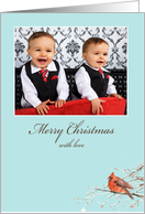 Christmas photo card, cardinal & ornaments, card