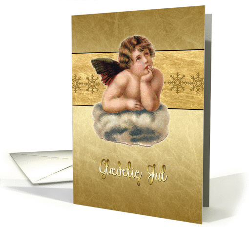 Merry Christmas in Danish, vintage angel, gold effect card (962639)