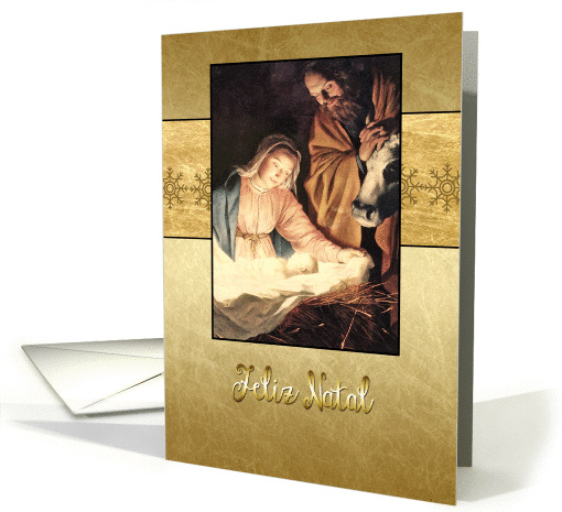 Merry Christmas in Portuguese, nativity, Mary, Joseph & Jesus card