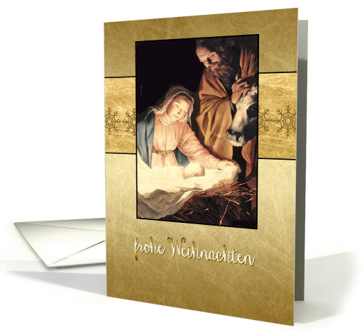 Merry Christmas in German, nativity, Mary, Joseph & Jesus card