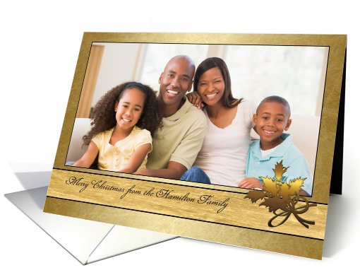 Christmas photo card, customizable, gold effect, holly card (971453)