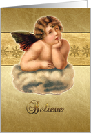 believe, Christian Christmas card, cherub, gold effect card