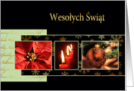 Merry Christmas in Polish, poinsettia, ornament, candles card